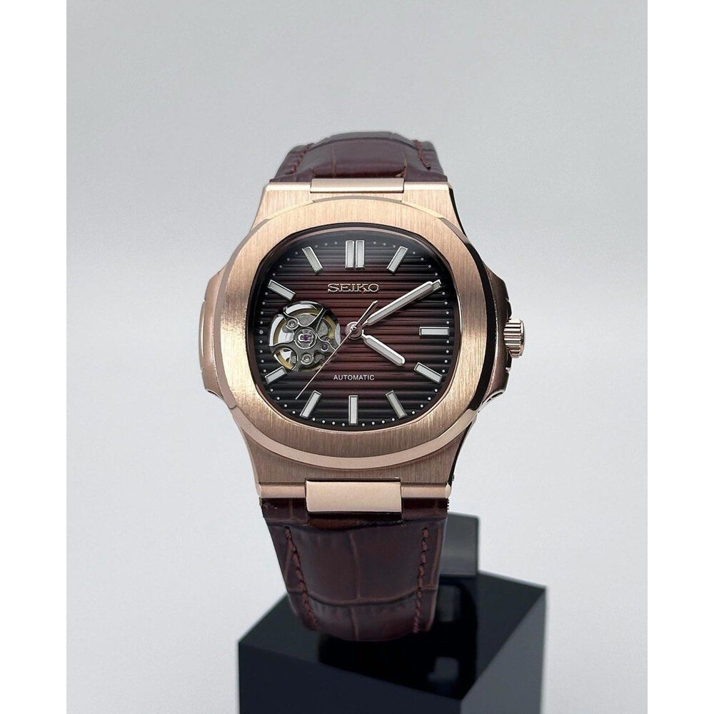Custom Seiko Mod • Rose Gold Brown Open Heart Nautilus on Leather • 40mm
